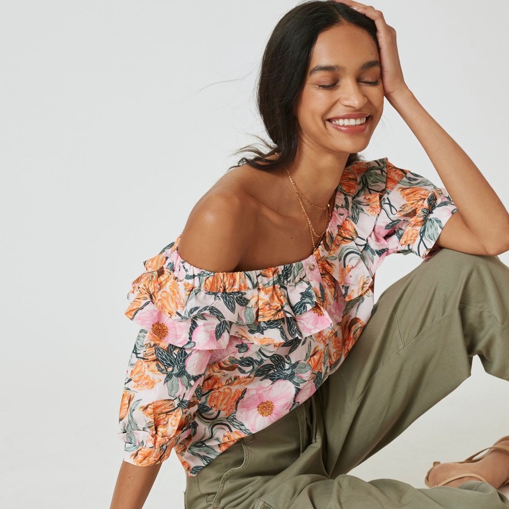 Floral Off-Shoulder Ruffle Women’s Top - Pink & Orange